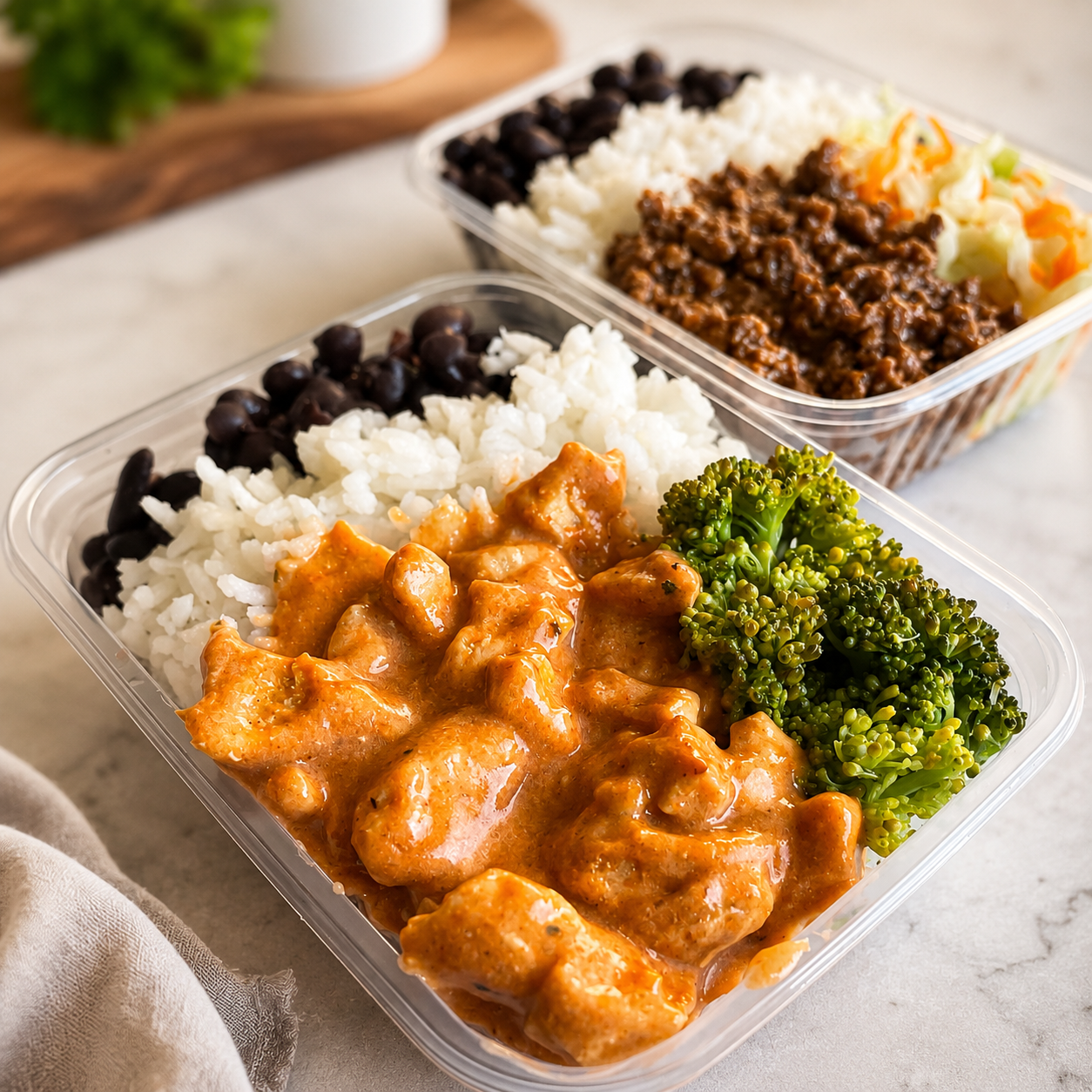 Marmita congelada com arroz, feijão, carne e legumes pronta para consumo
